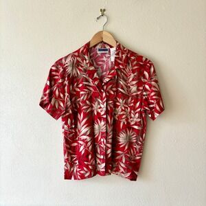 Vintage Erika & Co Tropical Floral Button Up Camp Shirt Cotton Rayon Size PM Red